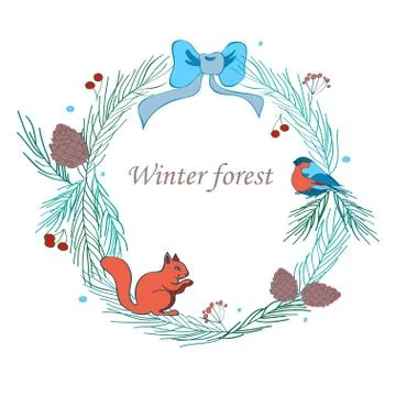 Vector illustration, Christmas frame with forest and celebratory elements Stock Illustration