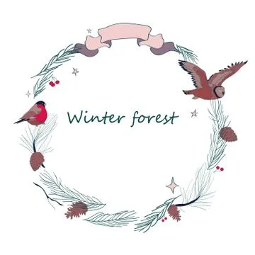 Vector illustration, Christmas frame with forest and celebratory elements Stock Illustration
