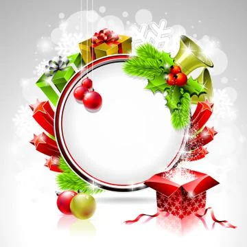 Vector illustration on a Christmas theme with gift box and shiny holiday elem Stock Illustration