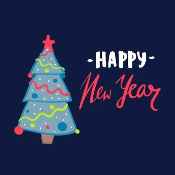 Vector illustration of Christmas tree on blue background. Green Christmas tree Stock Illustration