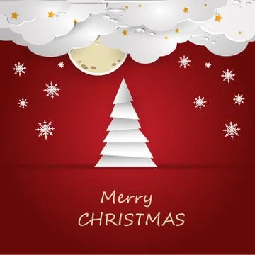 Vector illustration of a Christmas tree on a red background with clouds and Stock Illustration