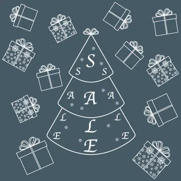 Vector illustration of Christmas tree with text sale and collection of presen Illustration