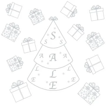 Vector illustration of Christmas tree with text sale and collection of presen Stock Illustration
