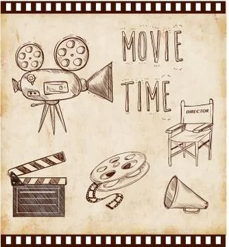 Vector illustration cinema icon set with director chair cinema flap retro mov Stock Illustration