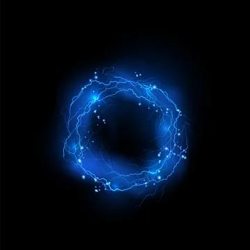 Vector illustration with circle of lightning and glowing particles on black Stock Illustration