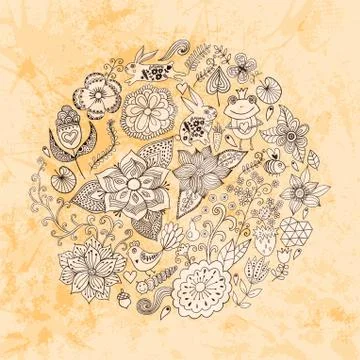 Vector illustration of circle made of flowers and birds. round shape made of  Stock Illustration
