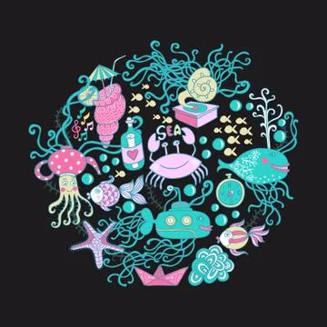 Vector illustration of circle made of sea life elements. bright summer outlin Stock Illustration