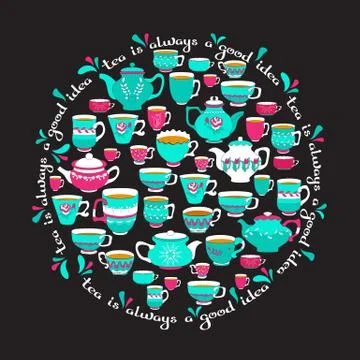 Vector illustration with circle pattern of tea cups and lettering. 스톡 일러스트