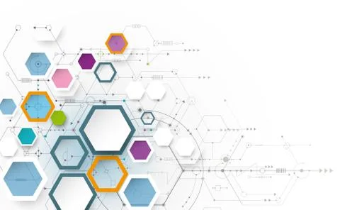 Vector illustration circuit board and 3d paper hexagons background Stock Illustration