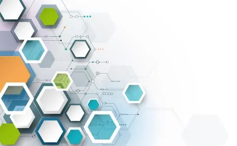 Vector illustration circuit board and 3d paper hexagons background Stock Illustration