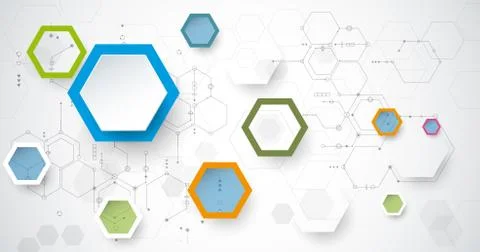 Vector illustration circuit board and 3d paper hexagons background イラスト素材