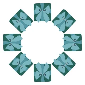 Vector illustration of a circular frame made of blue gift boxes tied with Stock Illustration