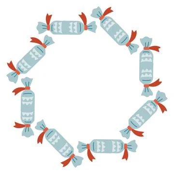 Vector illustration of a circular frame made of blue wrapped candies with red Stock Illustration