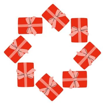 Vector illustration of a circular frame made of red and pink gift boxes tied Stock Illustration