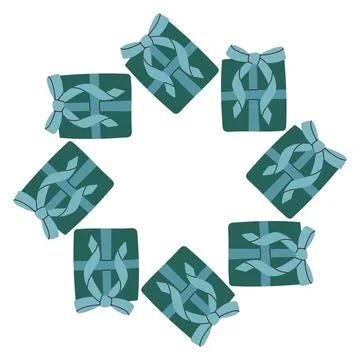 Vector illustration of a circular frame made of blue gift boxes tied with Stock Illustration