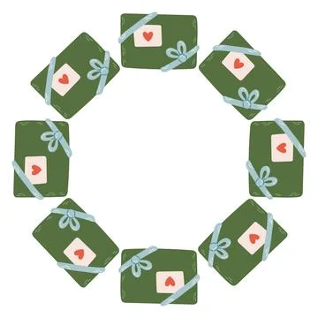 Vector illustration of a circular frame made of green gift boxes tied with Stock Illustration