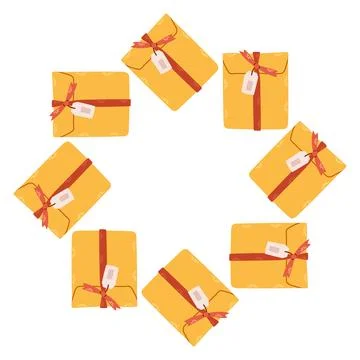 Vector illustration of a circular frame made of yellow gift boxes tied with red Stock Illustration