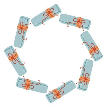 Vector illustration of a circular frame made of blue gift boxes tied with Stock Illustration
