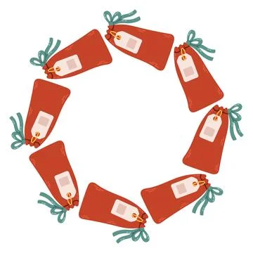 Vector illustration of a circular frame made of red gift bags tied with Stock Illustration