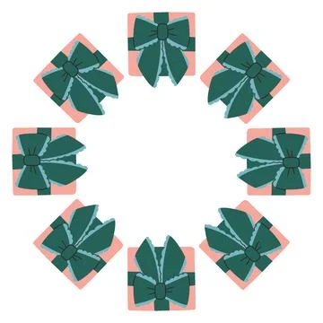 Vector illustration of a circular frame made of pink and blue gift boxes tied Stock Illustration