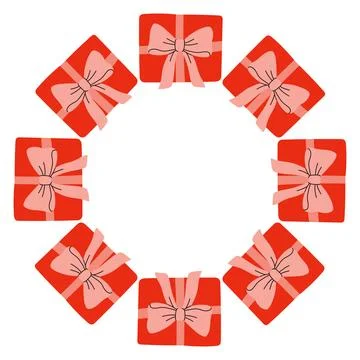 Vector illustration of a circular frame made of red and pink gift boxes tied Stock Illustration