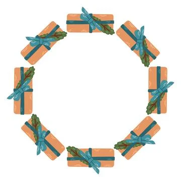 Vector illustration of a circular frame made of craft gift boxes tied with Stock Illustration