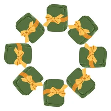 Vector illustration of a circular frame made of green gift boxes tied with Stock Illustration