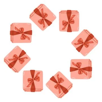 Vector illustration of a circular frame made of pink gift boxes tied with Stock Illustration