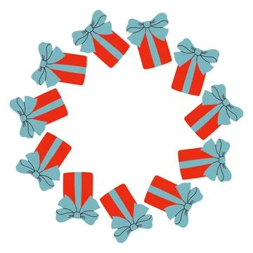 Vector illustration of a circular frame made of red and blue gift boxes tied Stock Illustration