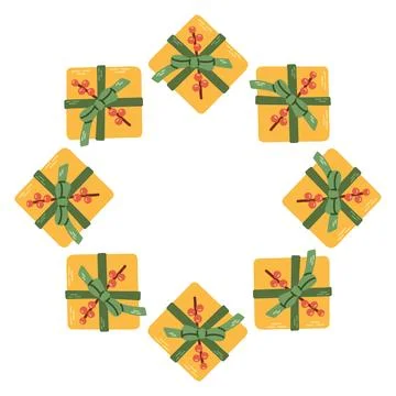 Vector illustration of a circular frame made of yellow gift boxes tied with Stock Illustration