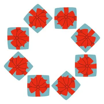Vector illustration of a circular frame made of red and blue gift boxes tied Stock Illustration