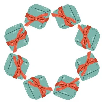 Vector illustration of a circular frame made of blue gift boxes tied with Stock Illustration