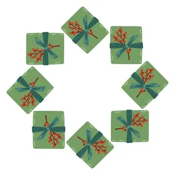 Vector illustration of a circular frame made of green gift boxes tied with Stock Illustration