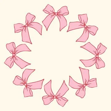 Vector illustration of a circular frame made of hand-drawn pink bows. Delicate Stock Illustration