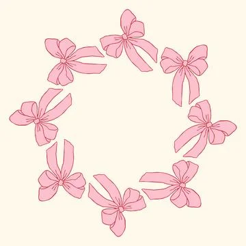 Vector illustration of a circular frame made of hand-drawn pink bows. Delicate Stock Illustration