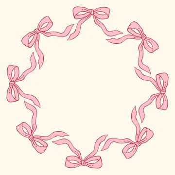 Vector illustration of a circular frame made of hand-drawn pink bows. Delicate Stock Illustration