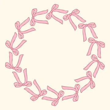 Vector illustration of a circular frame made of hand-drawn pink bows. Delicate Stock Illustration