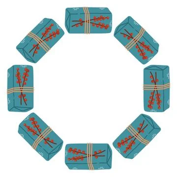 Vector illustration of a circular frame made of blue gift boxes tied with Stock Illustration