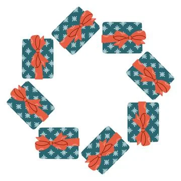 Vector illustration of a circular frame made of blue gift boxes tied with Stock Illustration