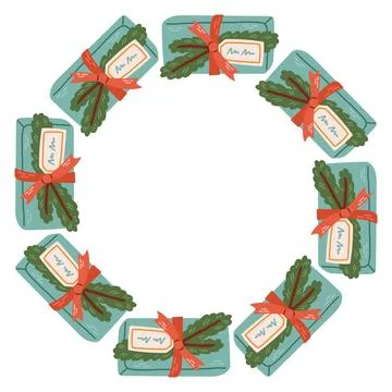 Vector illustration of a circular frame made of blue gift boxes tied with Stock Illustration