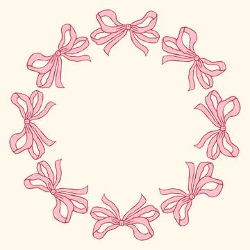 Vector illustration of a circular frame made of hand-drawn pink bows. Delicate Stock Illustration