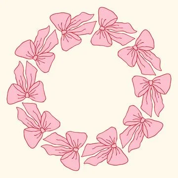 Vector illustration of a circular frame made of hand-drawn pink bows. Delicate Stock Illustration
