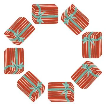 Vector illustration of a circular frame made of red gift boxes tied with Stock Illustration