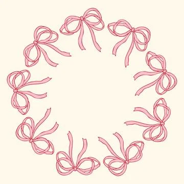 Vector illustration of a circular frame made of hand-drawn pink bows. Delicate Stock Illustration