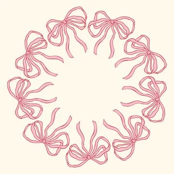 Vector illustration of a circular frame made of hand-drawn pink bows. Delicate Stock Illustration