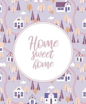 Vector illustration city landscape cute houses autumn trees Stock Illustration