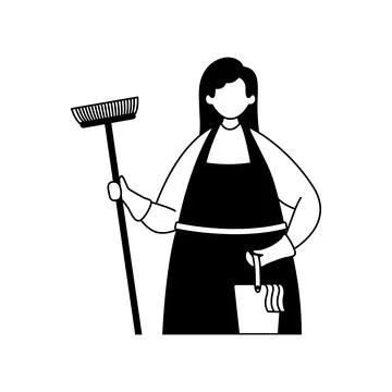 Vector illustration of a cleaning lady with a mop and a bucket with a rag. Pr Stock-Illustration