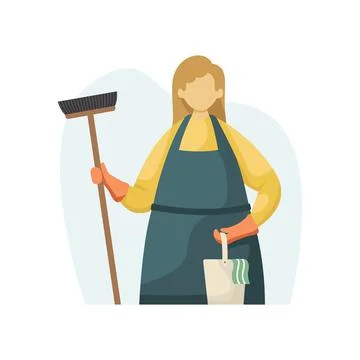 Vector illustration of a cleaning lady with a mop and a bucket with a rag. Pr Stock-Illustration