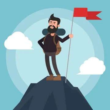 Vector illustration of a climber on top of the mountain. Flat design. Stock Illustration