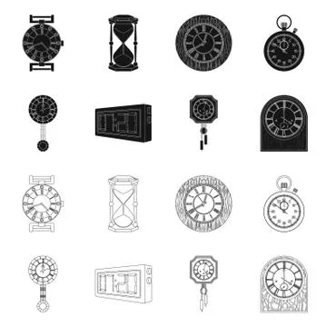 Vector illustration of clock and time sign. Collection of clock and circle stock Illustrazione stock